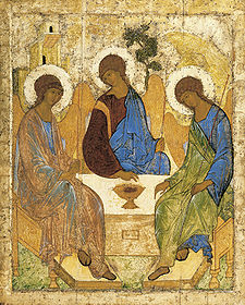 Drie engelen, in een schilderij gemaakt rond 1420 door de Rus Andrej Rublev.  
