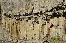 Kolomvormige basalt in de buurt van Tower Falls; grote overstromingen van basalt en andere lavasoorten gingen vooraf aan mega-erupties van oververhitte as en puimsteen