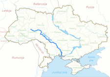 Kartta Ukrainan läpi virtaavasta eteläisestä Buhista (liettuaksi).  