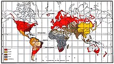 Mapa de 'raça' Stoddard dos anos 1920 que divide a humanidade em 4 grupos de cor de pele (Preto, Marrom, Amarelo e Branco).