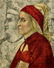 Dante Alighieri, pintado por Giotto na capela do palácio Bargello, em Florença. Este retrato mais antigo de Dante foi pintado durante sua vida antes de seu exílio de sua cidade natal.