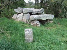 De dolmen Er-Roc'h-Feutet. Een inscriptie naast elke staande steenformatie verkondigt het eigendom van de Franse staat.  