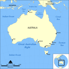 Australijos žemėlapis, kuriame pavaizduota Didžioji Australijos įlanka.