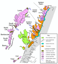 Harta geologică a Terrei Hebridean care arată distribuția rocilor din complexul Lewisian