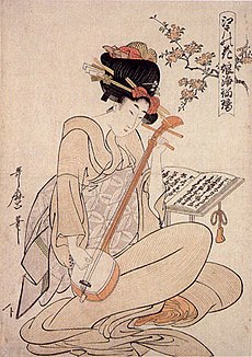 Geisha che interpreta lo shamisen, pittura ukiyo-e dell'artista Kitagawa Utamaro, 1800.