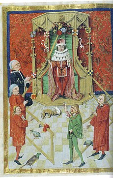 A vassal swears the oath of fealty before the enthroned Count Palatine Frederick I of the Palatinate.