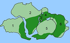 Huidige verspreiding van Glossopteris op een Perm-kaart met de verbinding van de continenten. (1. Zuid-Amerika 2. Afrika 3. Madagaskar 4. India 5. Antarctica en 6. Australië)  
