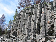 Sheepeater Cliff, Yellowstone: stulpinė bazalto uola, susidariusi dėl greitai atvėsusios lavos.