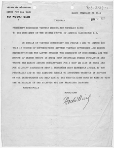 Oproep uit 1946 van Hồ Chi Minh aan de Amerikaanse president Harry Truman, waarin hij Truman om hulp vraagt bij de bestrijding van de Fransen.