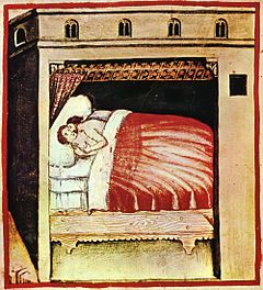 Kuvitus Tacuinum Sanitatis -teoksesta, joka on keskiaikainen hyvinvointia käsittelevä käsikirja.  