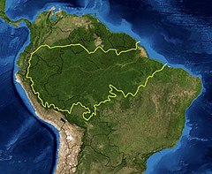 Een locatiekaart van de ecoregio's van het Amazoneregenwoud. De gele lijn is de grens van de ecoregio's die door het Wereld Natuur Fonds zijn gedefinieerd.