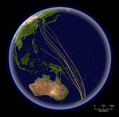 Die Routen der per Satellit markierten Uferschnepfen mit Stangenschwänzen, die von Neuseeland nach Korea und China nach Norden ziehen
