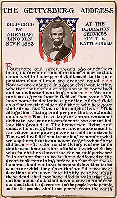20. gadsimta sākuma plakāts, uz kura redzams Abrahama Linkolna portrets virs Getsburgas uzrunas vārdiem.