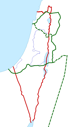      Limites da Síria Romana Palaestina, onde a linha verde tracejada mostra a fronteira entre a Byzantina Palaestina Prima e a Palaestina Secunda, assim como a Palaestina Salutaris      Fronteiras do Mandato Britânico da Palestina      Fronteiras da Cisjordânia e da Faixa de Gaza, reivindicadas pelo Estado da Palestina