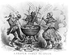 1865. gada politiskā karikatūra, kurā Džefersons Deiviss un Benedikts Arnolds attēloti ellē.