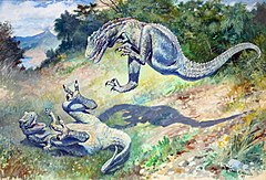 Et maleri fra 1897 af "Laelaps" (nu Dryptosaurus) af Charles R. Knight.