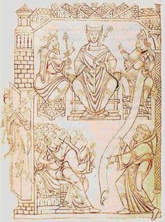 Richard II. (rechts), mit dem Abt von Mont Saint-Michel (Mitte) und Lothaar von Frankreich (links)