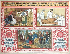 Sovětský plakát kolem roku 1925. Překlad názvu: "Potraty prováděné vyškolenými porodními asistentkami nebo porodními asistentkami samoučkami nejen zmrzačují ženu, ale často vedou i k její smrti."  
