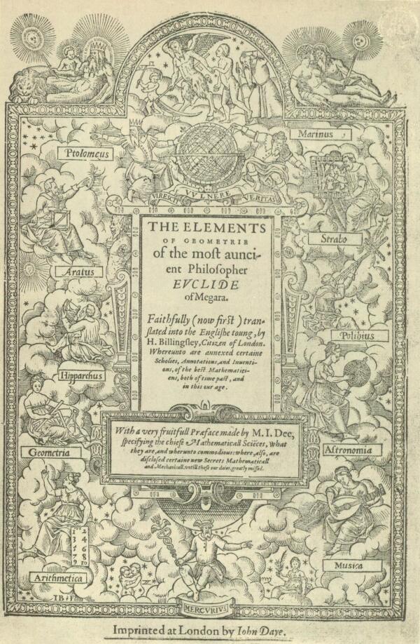 A página de título da primeira versão inglesa de Sir Henry Billingsley dos Elementos de Euclides, em 1570.