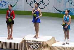Kim (ao centro) no pódio dos Jogos Olímpicos de Inverno de 2010.