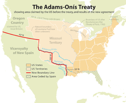 Kaart met de resultaten van het Verdrag van Adams-Onís van 1819  