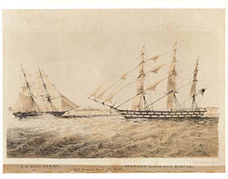 1850年6月6日、アンブリス沖の奴隷船マーサ号と対峙するアメリカのブリッグペリー