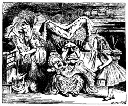 "V juhi je vsekakor preveč popra! Alice si je rekla, da je kihnila, kolikor je le mogla. - Alica v čudežni deželi (1865). Poglavje VI: Svinja in poper. Opazujte kuharjev mlinček za poper.