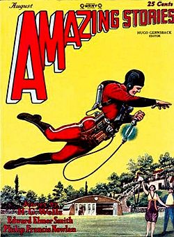 Buck Rogers first appeared in this issue of Amazing Stories, August 1928. The cover features The Skylark of Space by Edward E. Smith, not Buck Rogers. The illustrator was Frank R. Paul.