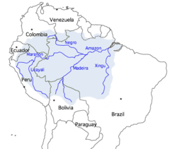 Het stroomgebied van de Amazone, met de belangrijkste rivieren. De rivier de Tocantins maakt ook deel uit van dat stroomgebied, ook al is het geen zijrivier van de Amazone.  