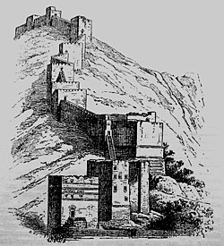 De stadswallen van Antiochië die Mons Silpius beklimmen tijdens de kruistochten (linksonder op de kaart, linksboven)