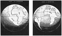 Primeira ilustração conhecida da abertura do Oceano Atlântico, por Antonio Snider-Pellegrini, 1858.