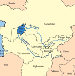 Kaart van het gebied rond het Aralmeer. De grenzen van het Aralmeer liggen rond 1960. Landen die ten minste gedeeltelijk in het stroomgebied van het Aralmeer liggen, zijn in het geel aangegeven.  