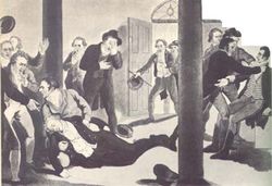 Картина, изображающая убийство Персеваля. Персеваль лежит на земле, в то время как его убийцу Джона Беллингема ловят чиновники (далеко справа).