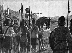 Robert le Bruce parlant à ses troupes. Illustration tirée de l'Histoire de l'Angleterre de Cassell, 1902
