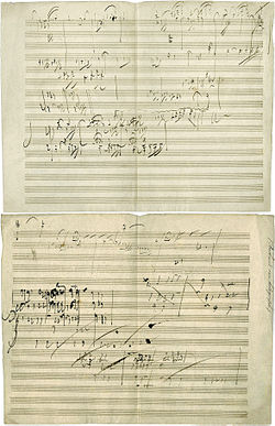 Boceto manuscrito de Ludwig van Beethoven para la Sonata para piano nº 28, Movimiento IV, Geschwind, doch nicht zu sehr und mit Entschlossenheit (Allegro), de su puño y letra. La obra se terminó en 1816.  