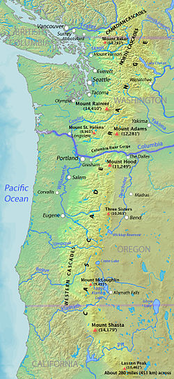 Kaart van de Cascade Range met de belangrijkste vulkanische pieken