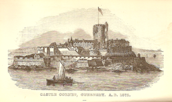 Rytina hradu Cornet z roku 1672, na níž je vidět hradní pevnost, která byla později v témže roce zničena výbuchem. Velká část kamene pocházela z Crevichonu.  