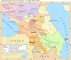 Administrativ karta över Kaukasus i Sovjetunionen 1952-1991.