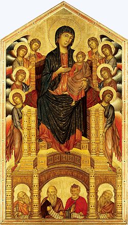 La Madonna di Santa Trinita è appesa agli Uffizi nella stessa sala di una Madonna dell'allievo di Cimabue, Giotto, e di un altro suo rivale senese, Duccio.