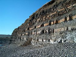 Scogliera a Kimmeridge Bay. I cambiamenti regolari delle rocce (ritmite) sono causati dalle variazioni del livello del mare in quel momento. A sua volta, questo cambia la sedimentazione.