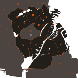 The districts of Copenhagen Municipality (since 2007) are highlighted in black.