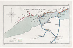 Een schema uit 1910 van het spoorwegopruimingscentrum met de Tay Bridge en de verbindingslijnen, en de veerboot die Tayport verbindt met Broughty Ferry