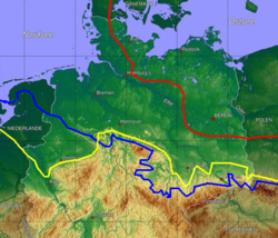Schematic representation of the respective maximum glacial advances (bedload) of the last three ice ages in the North German Lowlands: red line = ice margin of the Weichselian cold period; yellow line = ice margin of the Saale ice age; blue line = ice margin of the Elster cold period