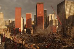Il sito del World Trade Center 17 giorni dopo gli attacchi terroristici dell'11 settembre 2001.