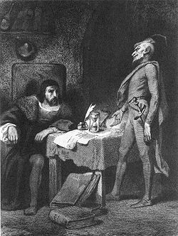 Mephistopheles bezoekt Faust in zijn studeerkamer. Een illustratie, door Tony Johannot, van een scène uit Goethe's Faust  