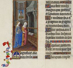 De Visitatie (wanneer de engel Elizabeth en Maria bezoekt) in het getijdenboek van de Duc de Berry