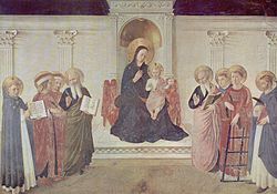 La Vierge à l'enfant en majesté avec les saints dans une fresque à Saint-Marc, Florence. Deux des saints sont des frères dominicains comme Fra Angelico.