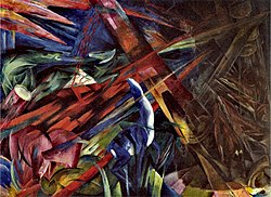 Franz Marc, Le sort des animaux, 1913, huile sur toile. Représentée dans l'exposition d'art dégénéré (Entartete Kunst) à Munich, Allemagne nazie, 1937