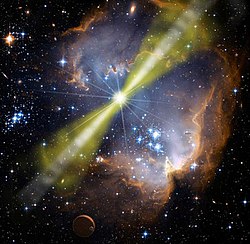 Ilustração artística de uma explosão de raios gama brilhante ocorrendo em uma região de formação de estrelas. A energia da explosão é transportada em dois jatos estreitos, de direção oposta.