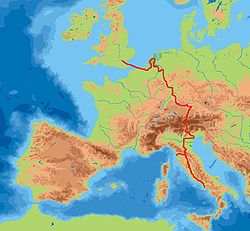 William Beckfordin suuri kiertomatka Euroopassa on esitetty punaisella.  